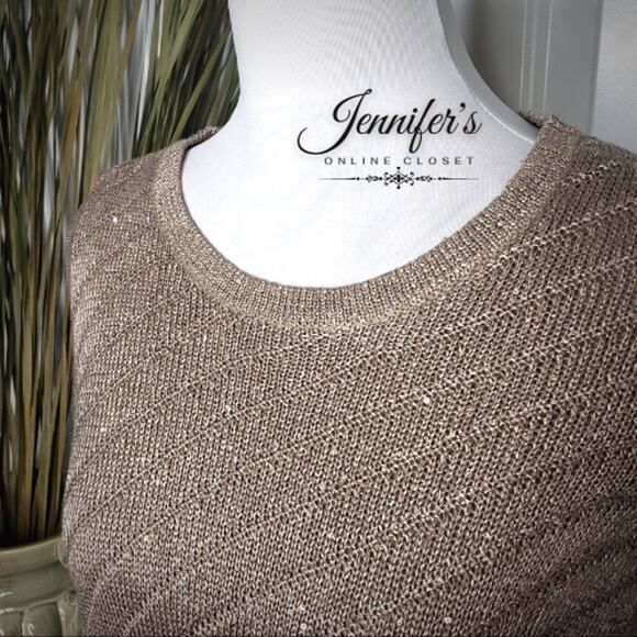 3/$25 Apt. 9 Women's Tan Asymmetrical Sequin Scoop Neck Long Sleeve Sweater - Picture 3 of 10